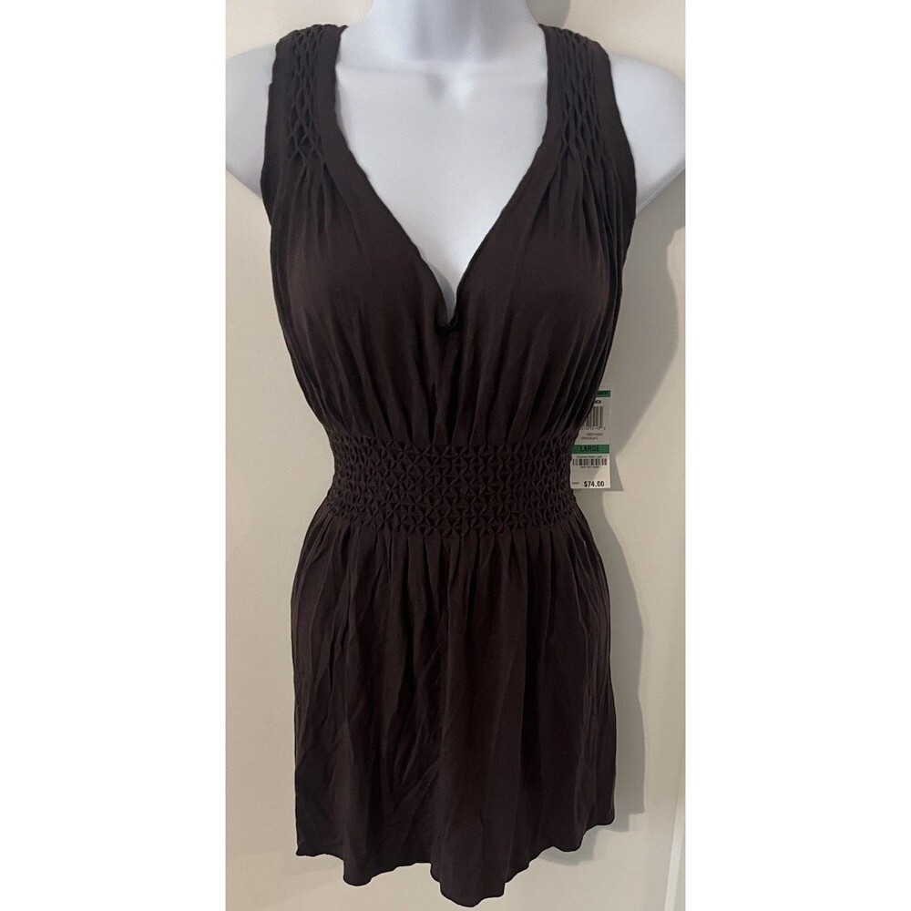 NWT Imagnin Smocked Waist V-Neck Blouse Tunic Top, Chocolate Brown Size L